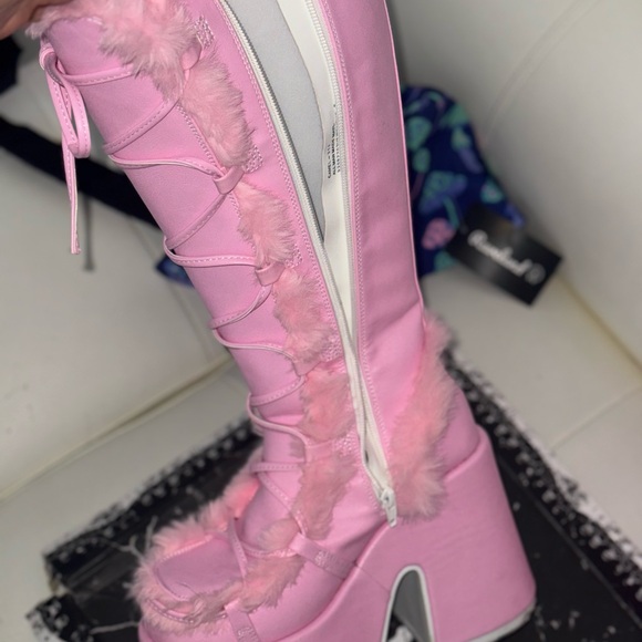 Demonia Pink Heeled Boots with Plush Trim confortable - Picture 2 of 6
